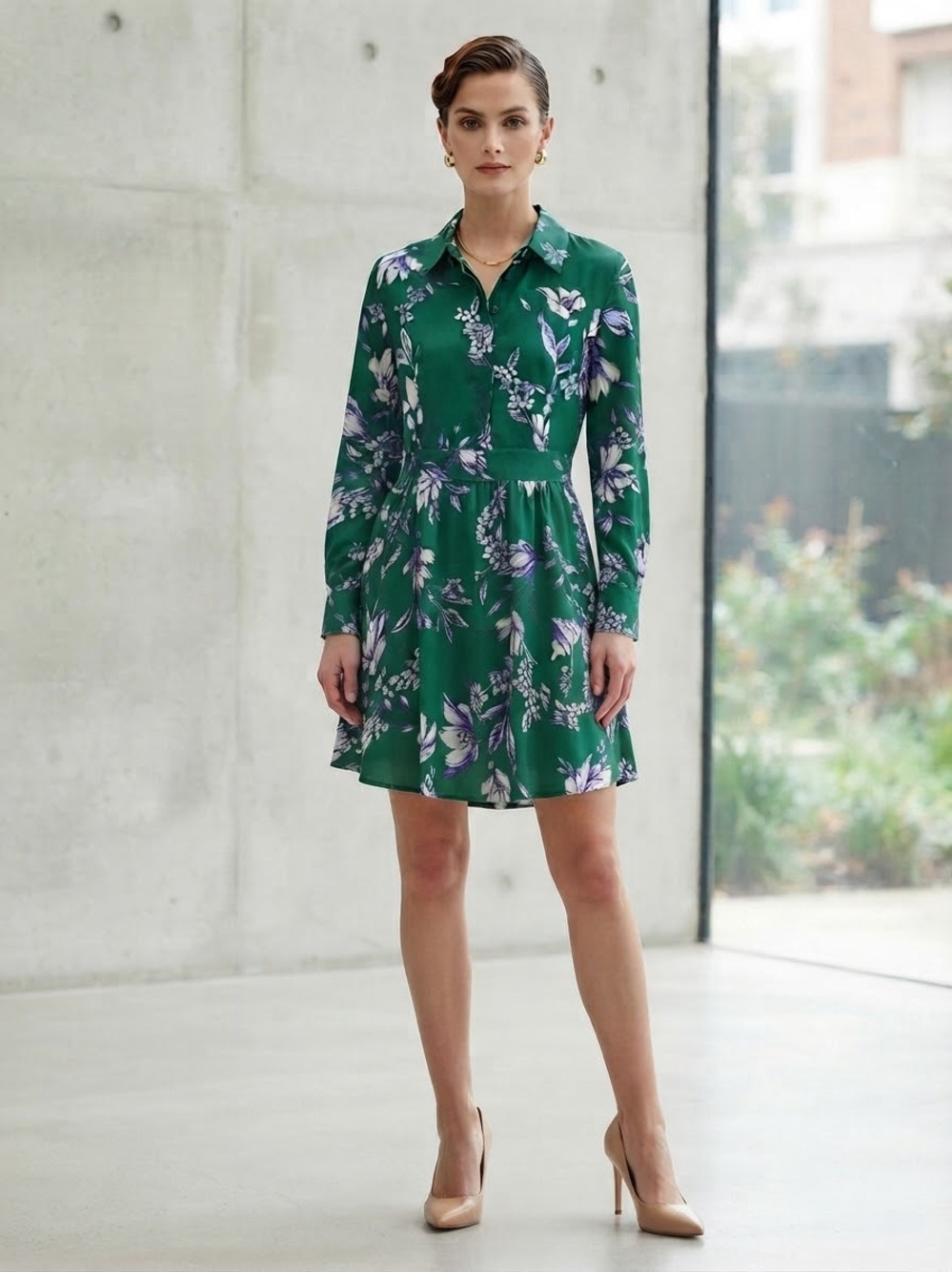 LaRoque Original Green Blue Floral 100% Silk Chinoiserie Shirt Dress